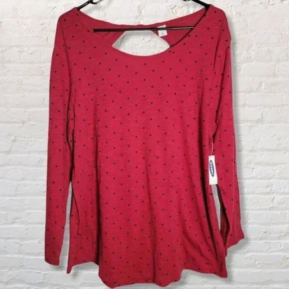 NWT Old Navy Polka Dot red long sleeve womans shirt blouse open twisted back L